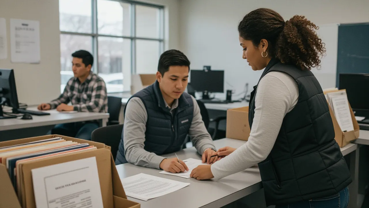 A person talking with staff at a county office